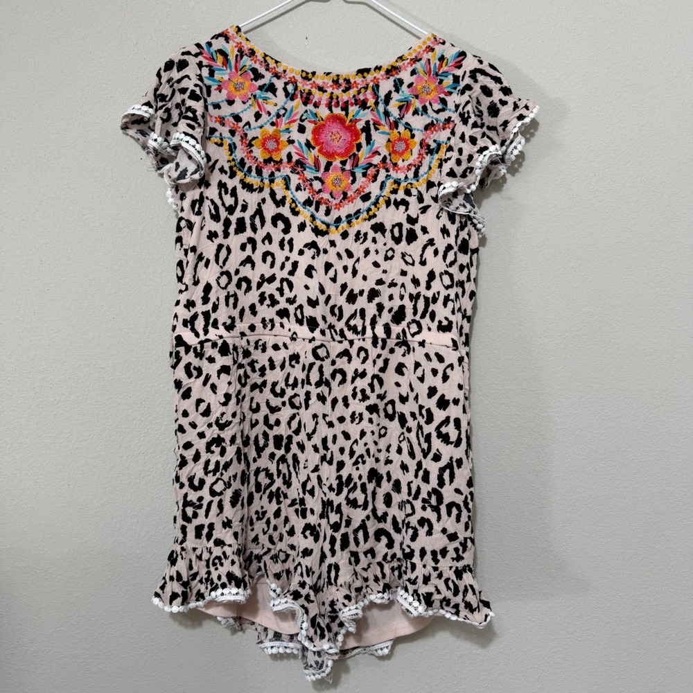 Savanna Jane Romper Womens Large Pink Leopard Floral Embroidered Pom Pom Trim